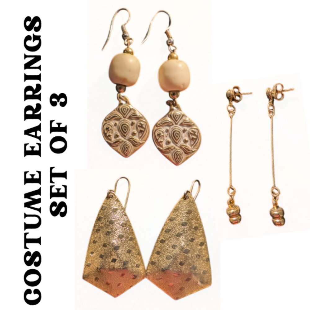 Gold Earring Lot 3 Pair Dangle Drop Linear Geometric Textured